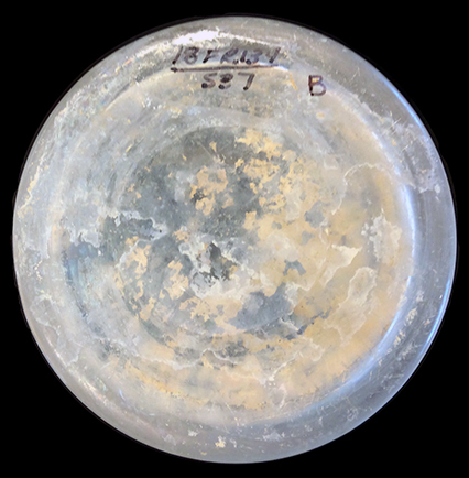 Colorless leaded glass tumbler with finished pontil. Vessel height: 3 3/8”; Base diameter: 2.75”; Rim diameter: 3.00”; Lot 537. Called Type B tumbler in report. 18FR134